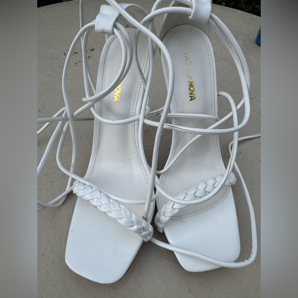Fashion Nova Strut My Way Wrap Up Heels Asher White Strappy Heels Womens Sz 9